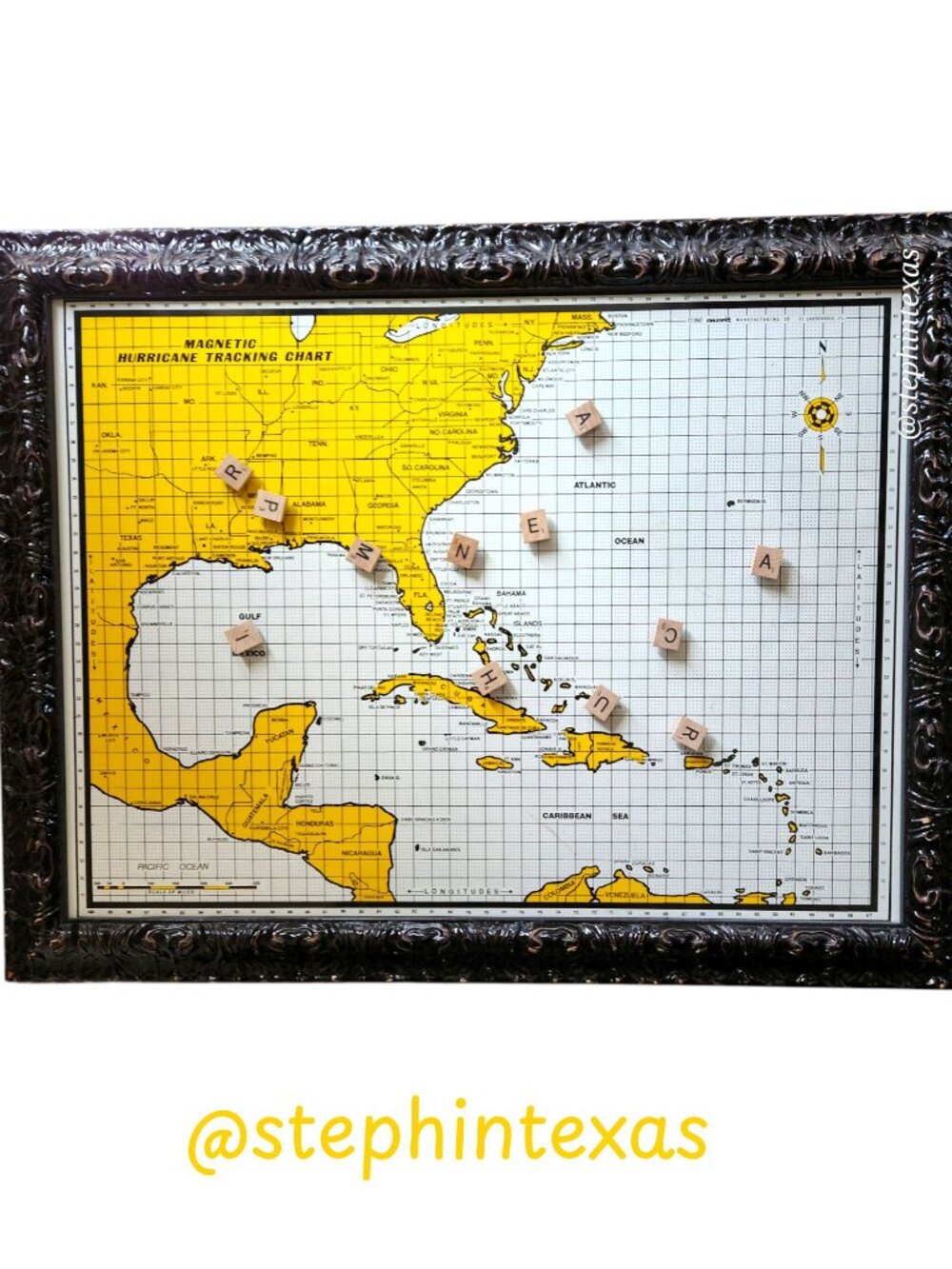 Vintage Magnetic Metal Hurricane Tracker Map From 1967 In Sturdy Wooden Frame